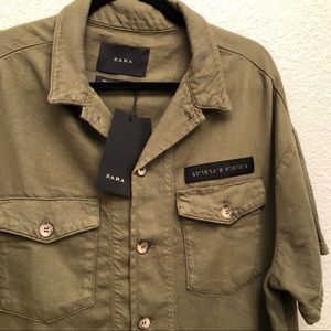 NWT Zara Man Olive Cotton Military look Shirt